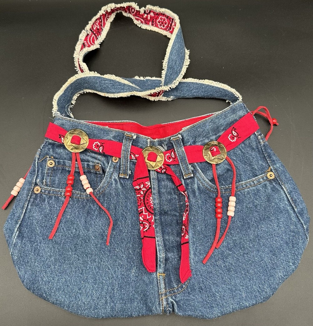 Vintage 1980s Handmade Denim Jean Bandana Print Shoulder Purse EUC